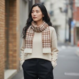 Timberland Buffalo Plaid Knit Scarf Caramel Cream Tan White One Size NWT